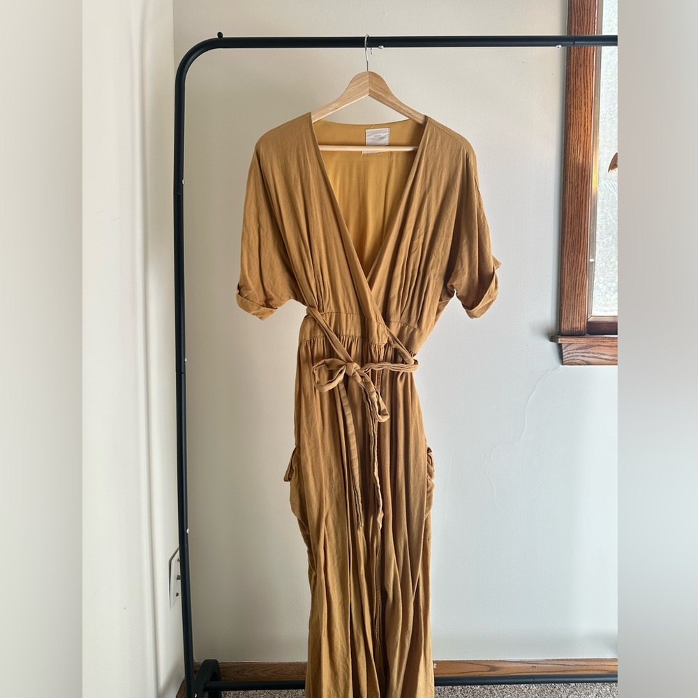 Urban Outfitters mustard-yellow midi wrap dress